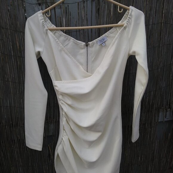 Tobi White V-Neck Faux Wrap Ruched Side Stretchy Midi Dress - S/P - Picture 1 of 14